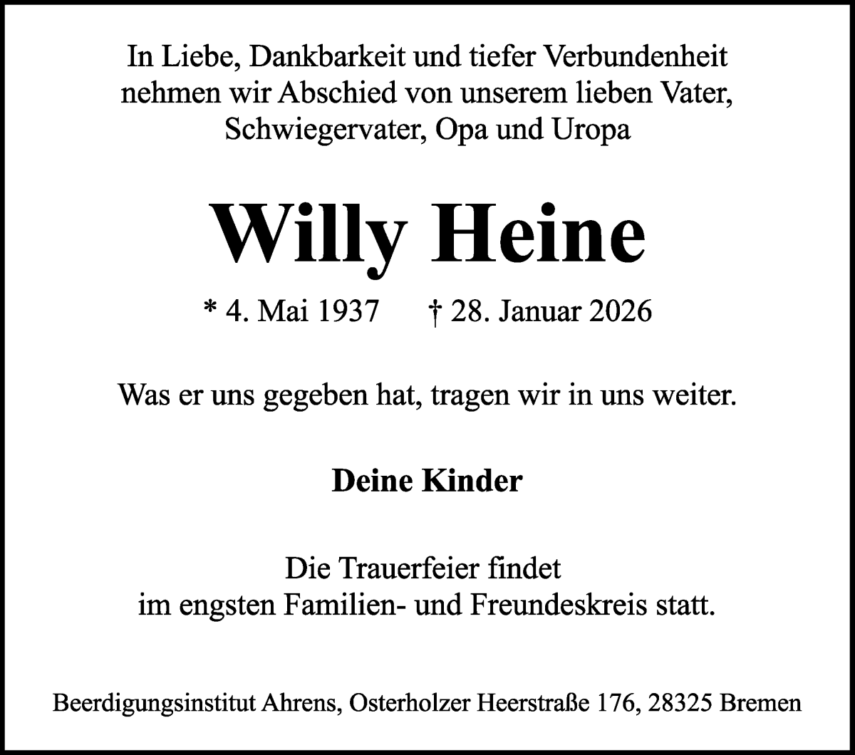 Traueranzeige von Willy Heine von WESER-KURIER