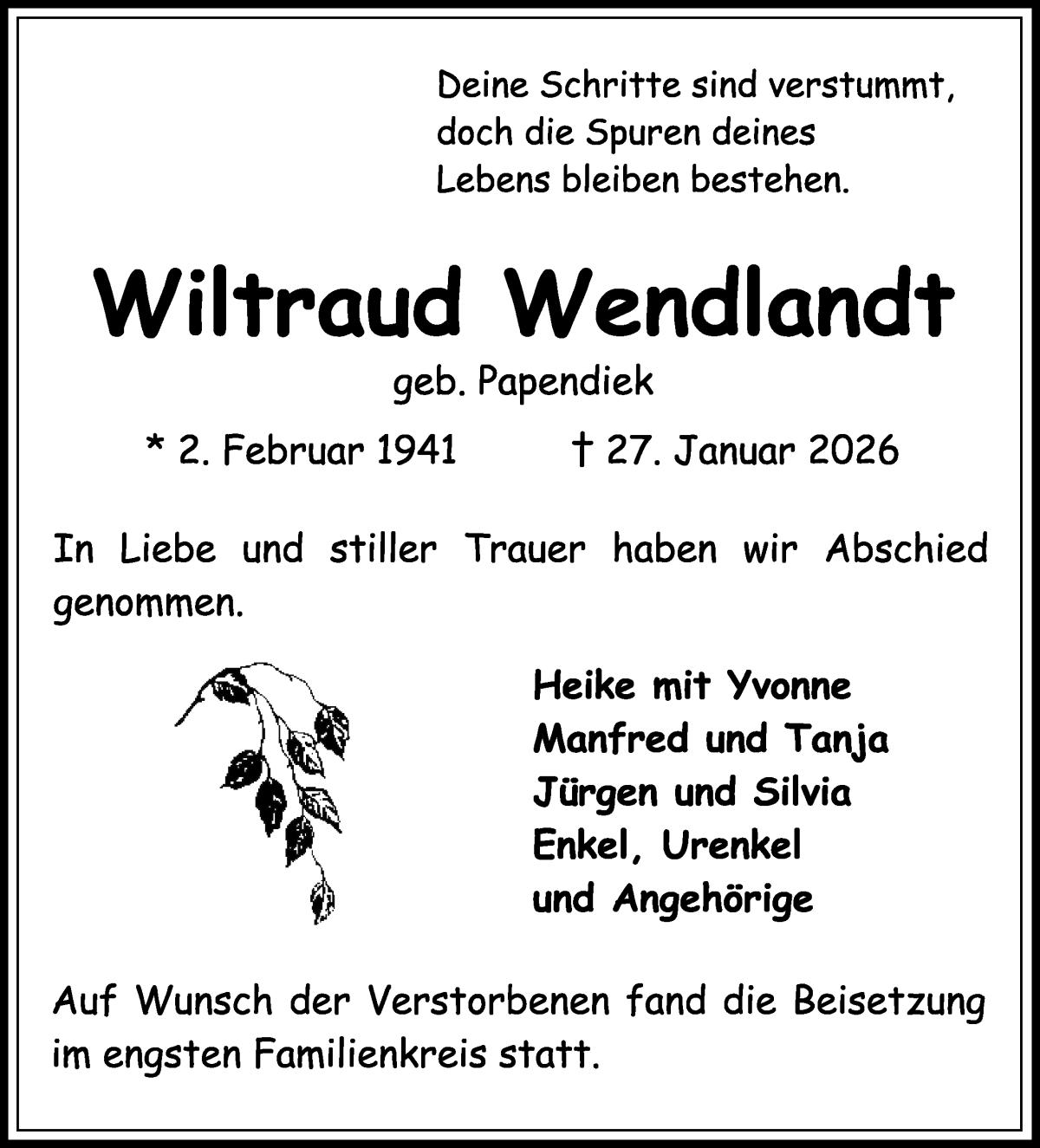 Traueranzeige von Wiltraud Wendlandt von Wuemme Zeitung