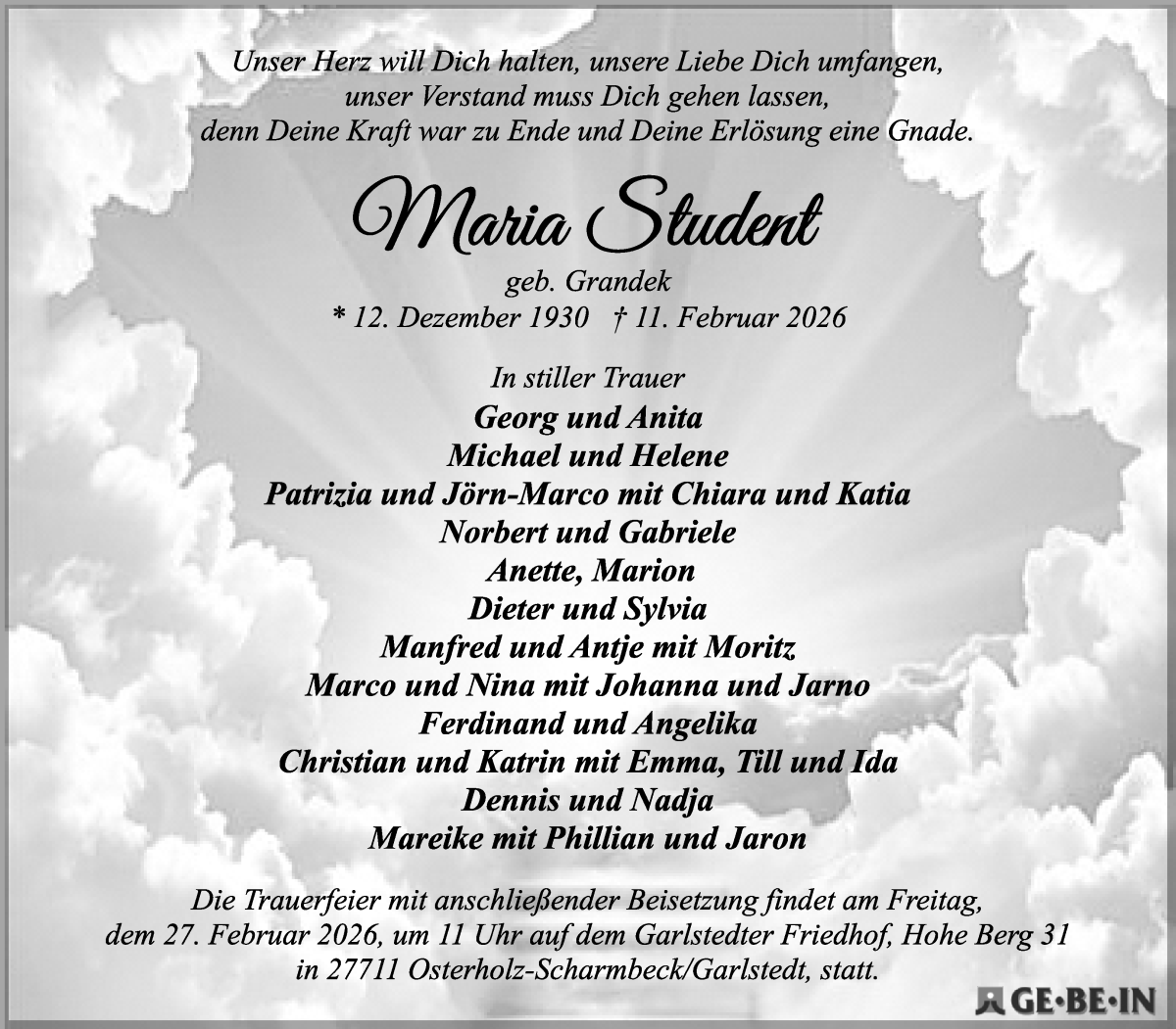  Traueranzeige für Win Student vom 21.02.2026 aus Osterholzer Kreisblatt