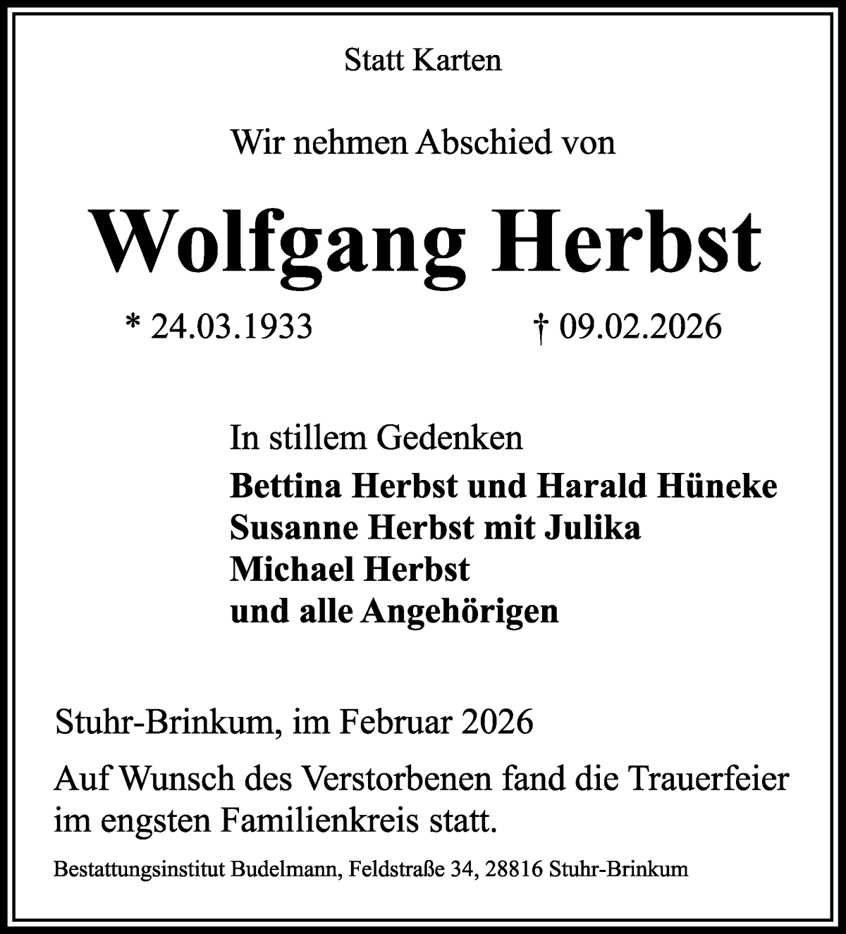 Traueranzeige von Wolfgang Herbst von WESER-KURIER