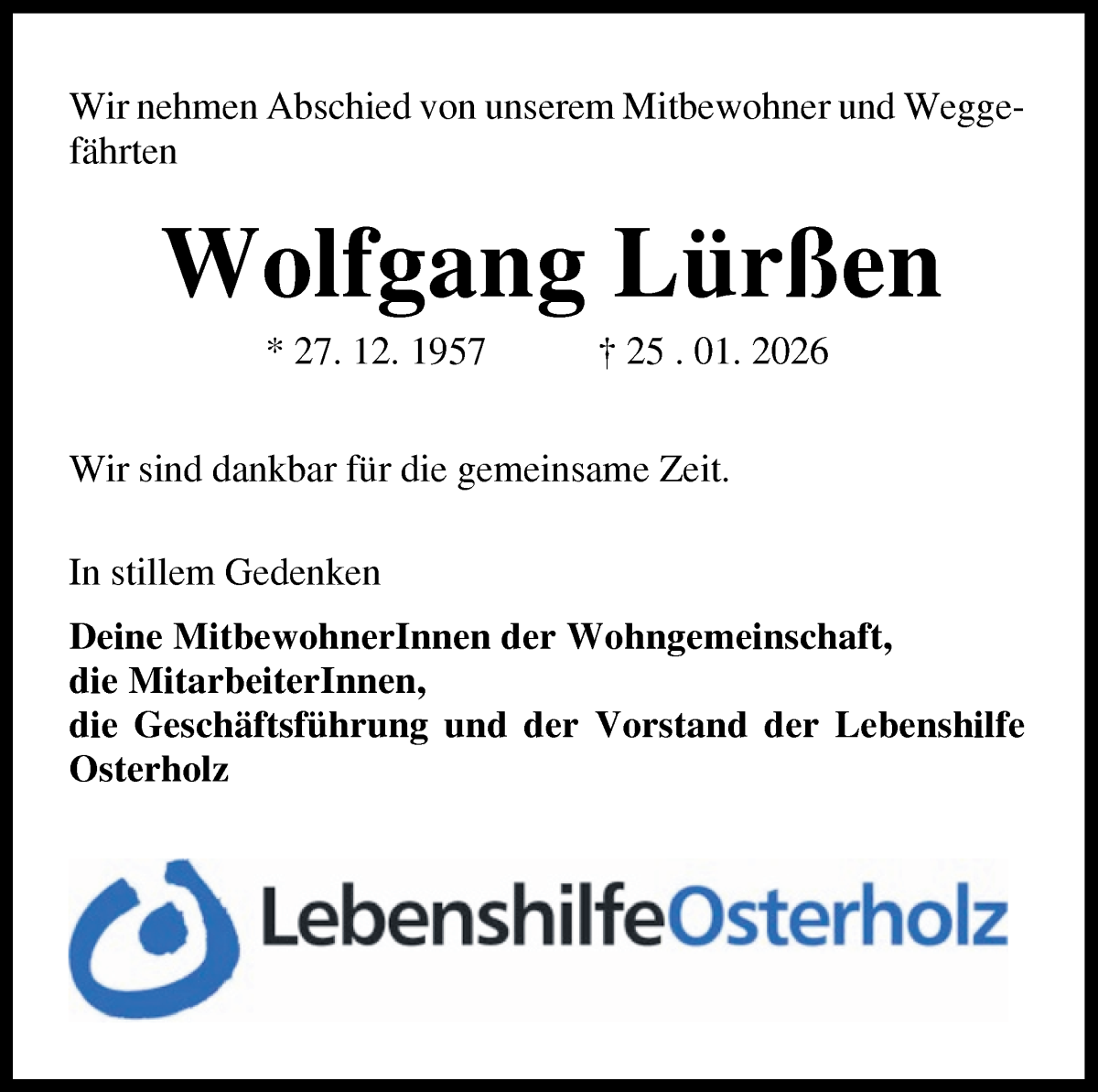 Traueranzeige von Wolfgang Lürßen von Osterholzer Kreisblatt