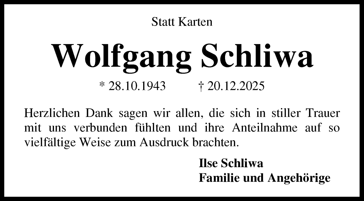 Traueranzeige von Wolfgang Schliwa von WESER-KURIER