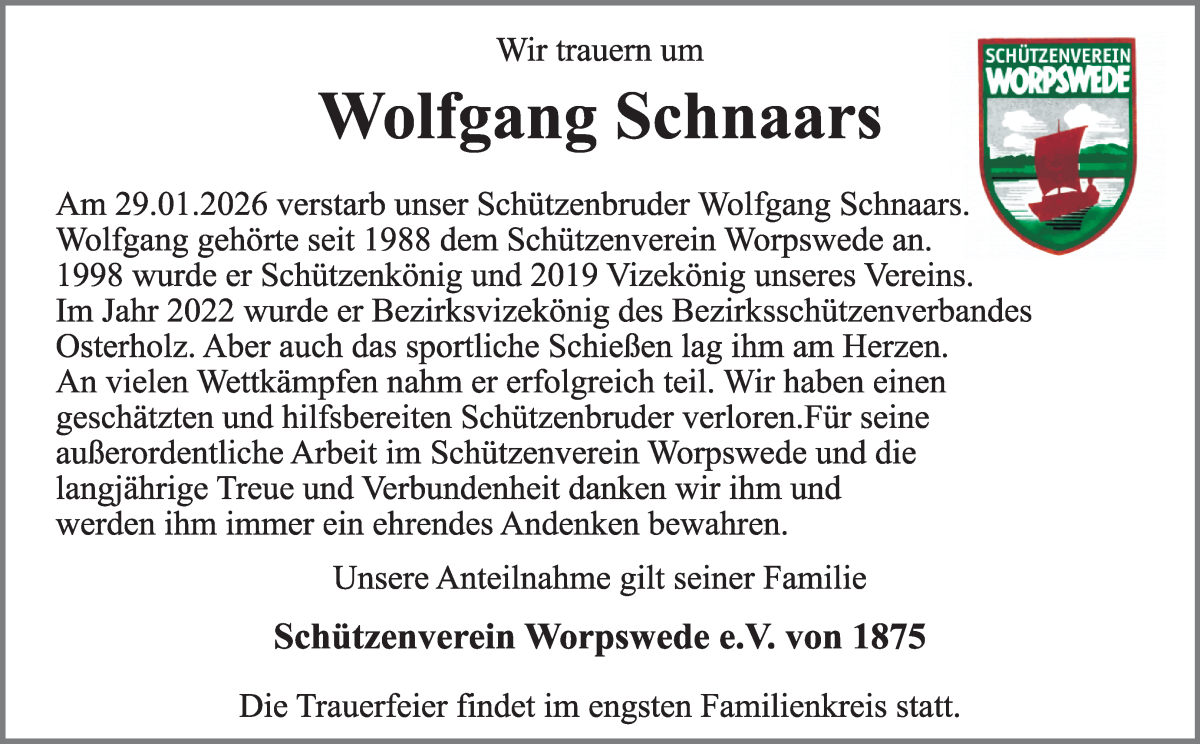 Traueranzeige von Wolfgang Schnaars von Wuemme Zeitung