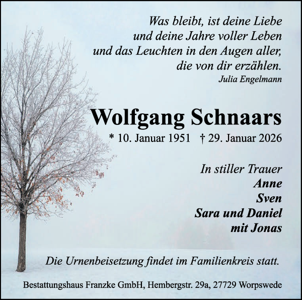 Traueranzeige von Wolfgang Schnaars von Wuemme Zeitung