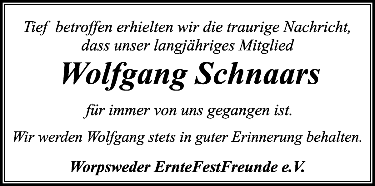 Traueranzeige von Wolfgang Schnaars von Wuemme Zeitung