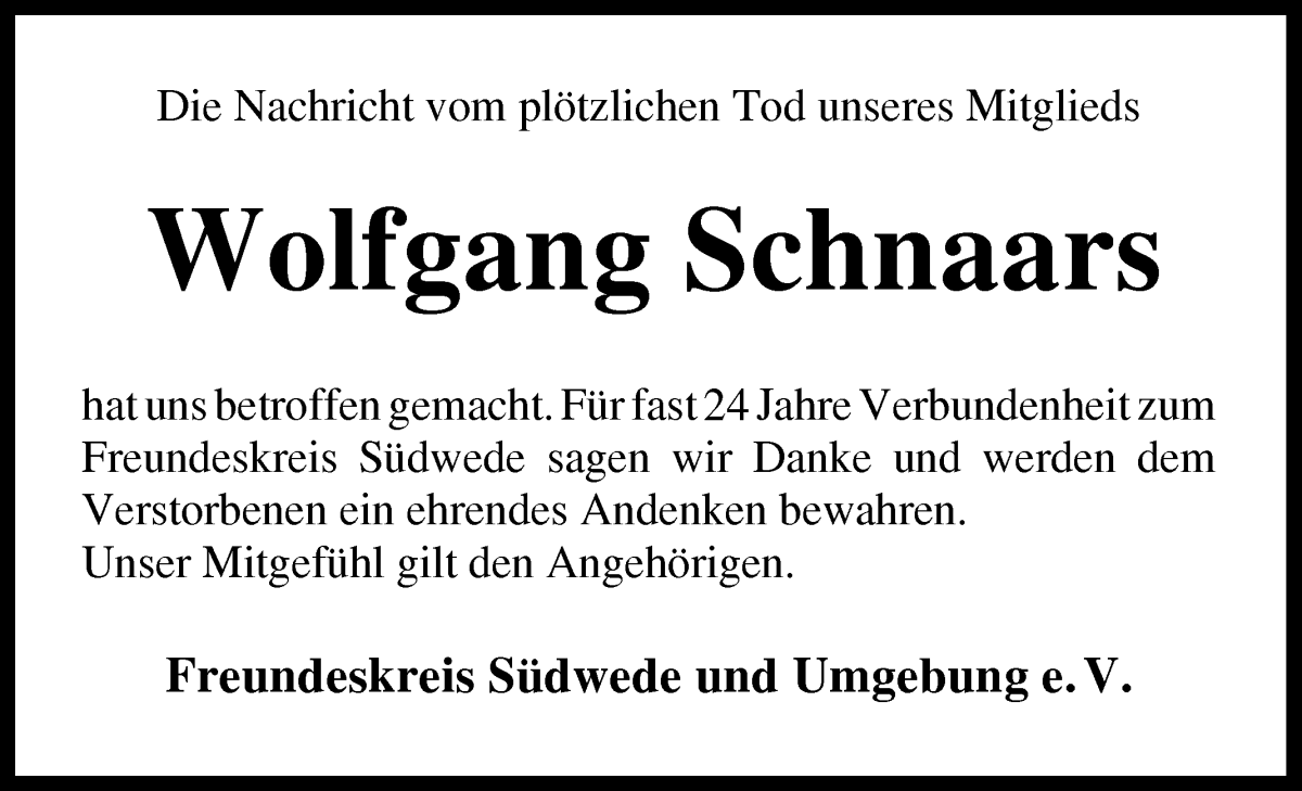 Traueranzeige von Wolfgang Schnaars von Wuemme Zeitung