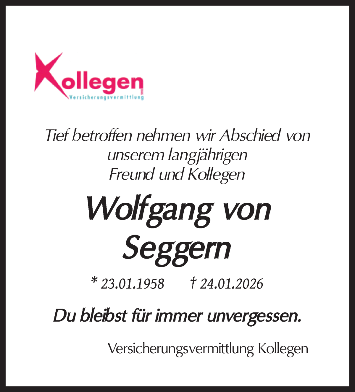 Traueranzeige von Wolfgang von Seggern von WESER-KURIER