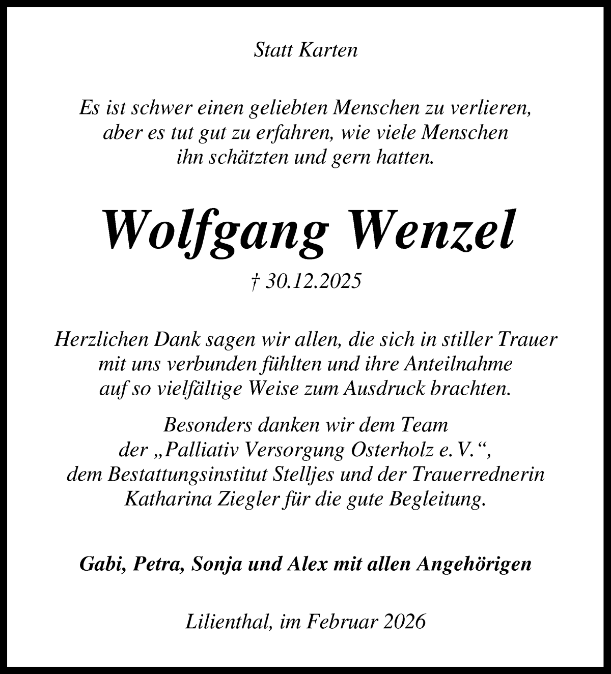 Traueranzeige von Wolfgang Wenzel von Wuemme Zeitung