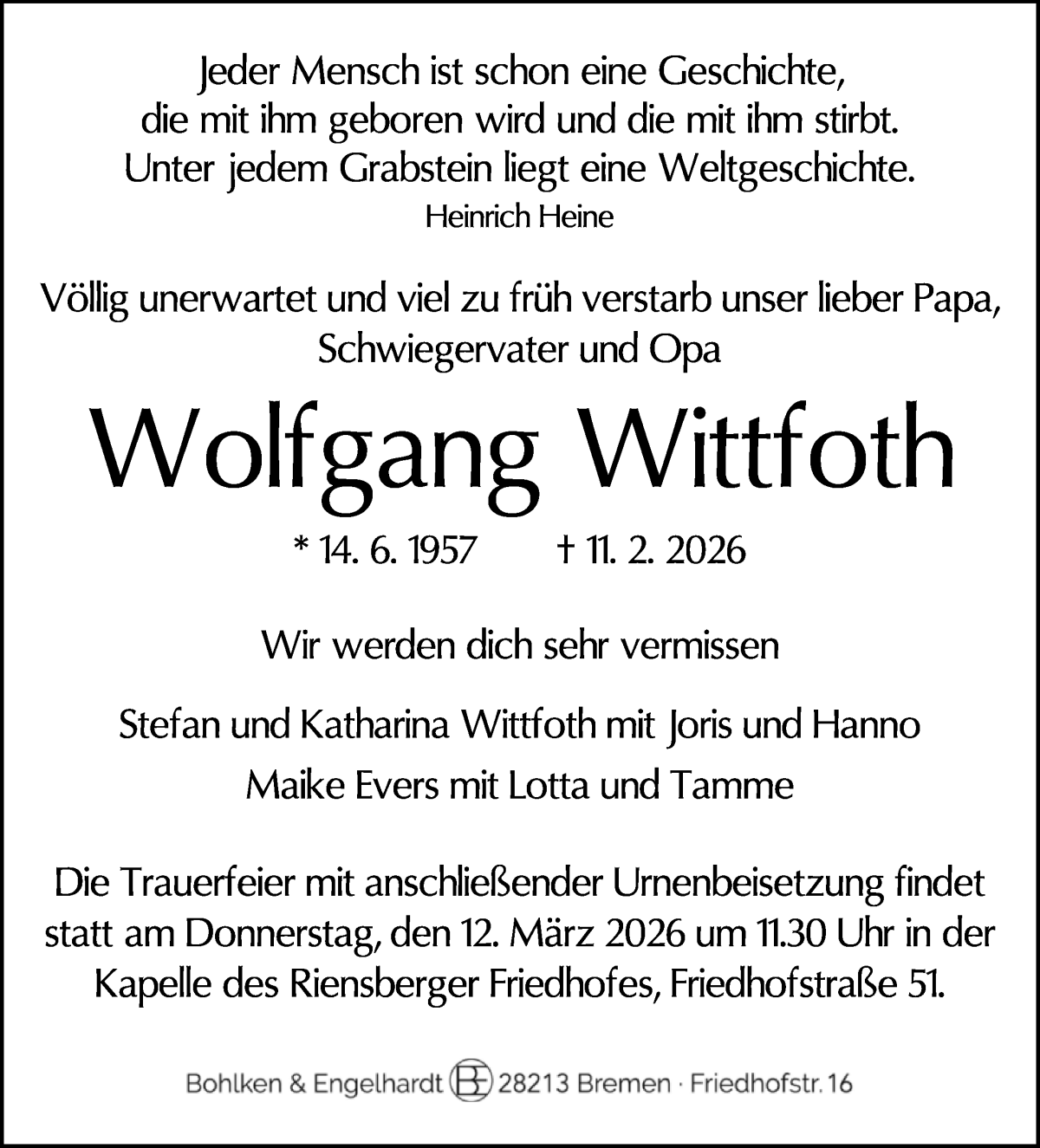 Traueranzeige von Wolfgang Wittfoth von WESER-KURIER