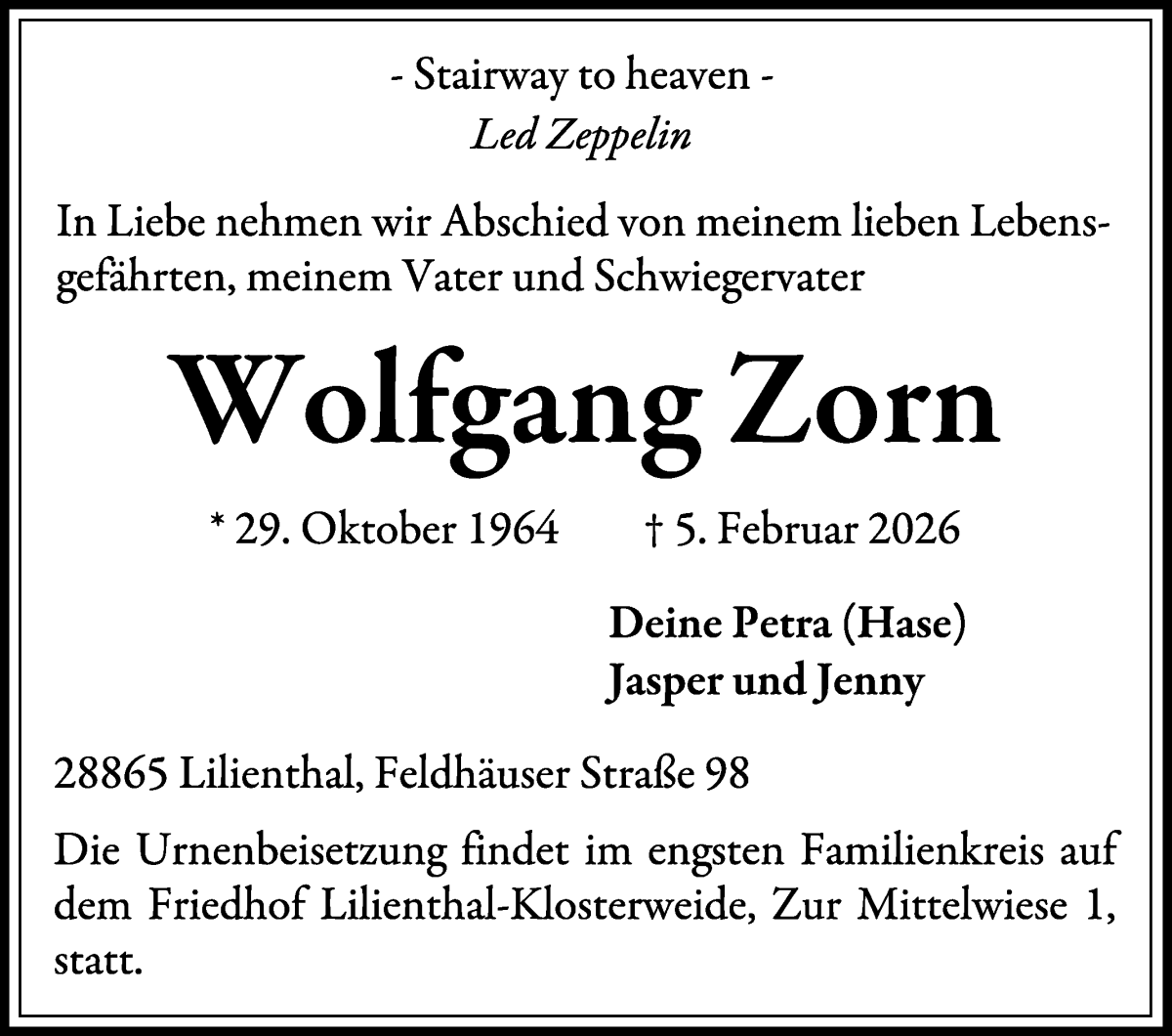 Traueranzeige von Wolfgang Zorn von Wuemme Zeitung