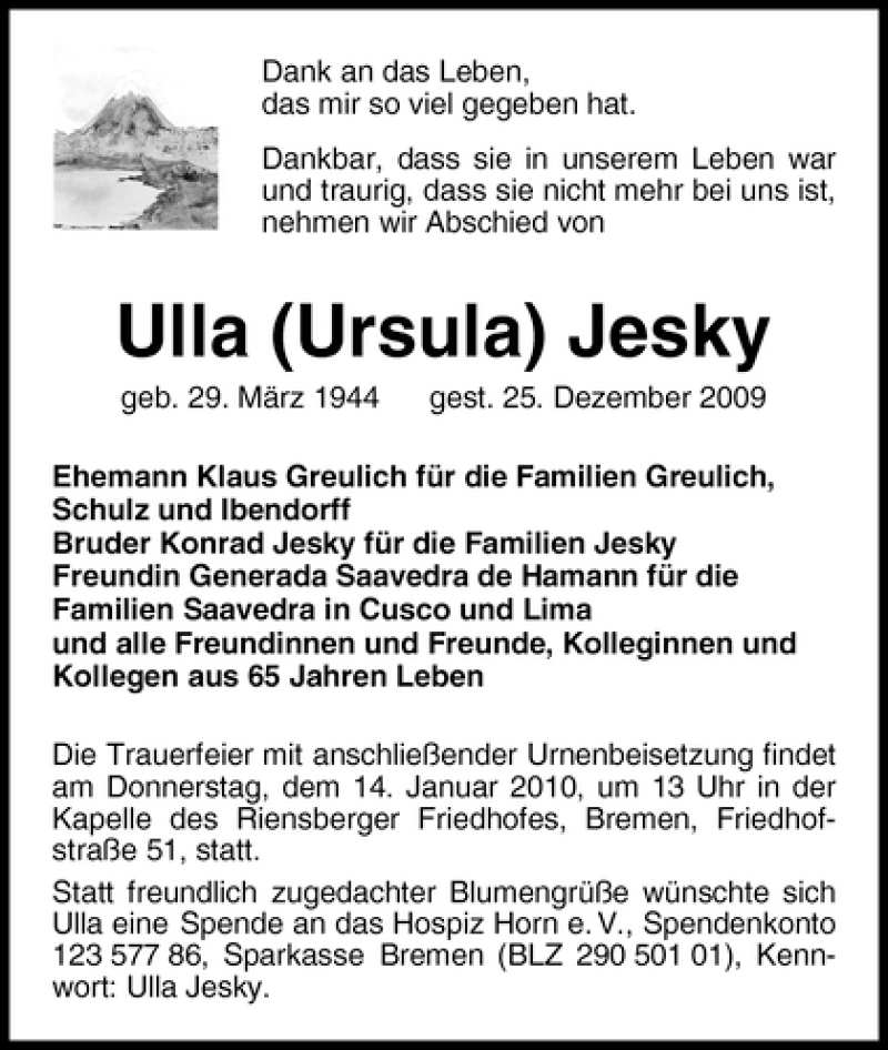 Traueranzeige von Ulla Jesky von WESER-KURIER