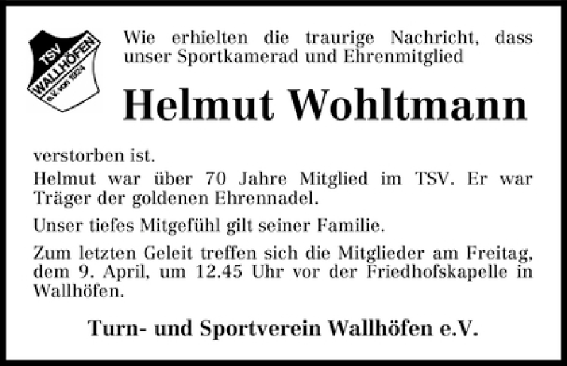 Traueranzeige von Helmut Wohltmann von WESER-KURIER
