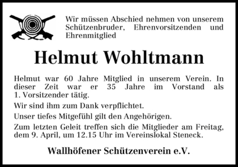 Traueranzeige von Helmut Wohltmann von WESER-KURIER