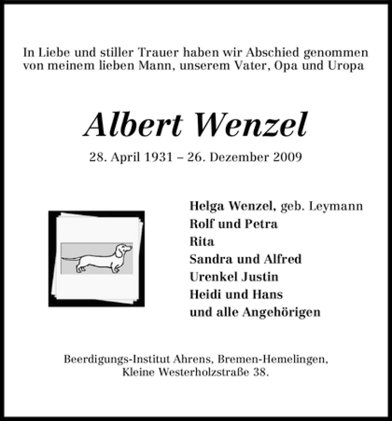 Traueranzeige von Albert Wenzel von WESER-KURIER