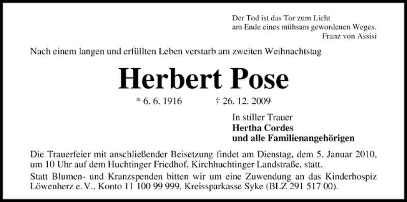 Traueranzeige von Herbert Pose von WESER-KURIER