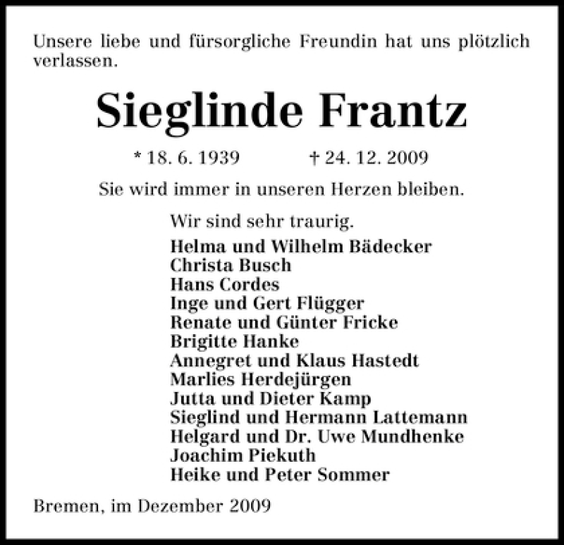 Traueranzeige von Sieglinde Frantz von WESER-KURIER