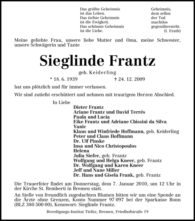 Traueranzeige von Sieglinde Frantz von WESER-KURIER