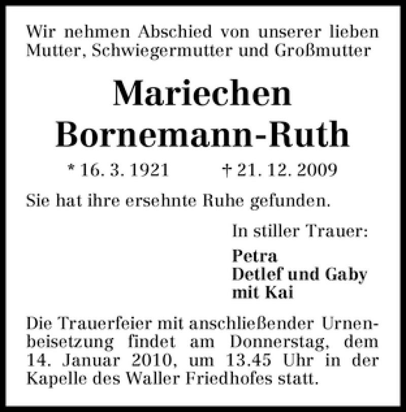 Traueranzeige von Mariechen Bornemann-Ruth von WESER-KURIER