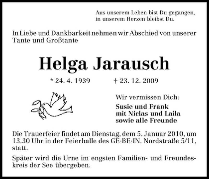 Traueranzeige von Helga Jarausch von WESER-KURIER