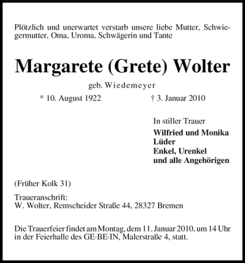 Traueranzeige von Margarete (Grete) Wolter von WESER-KURIER