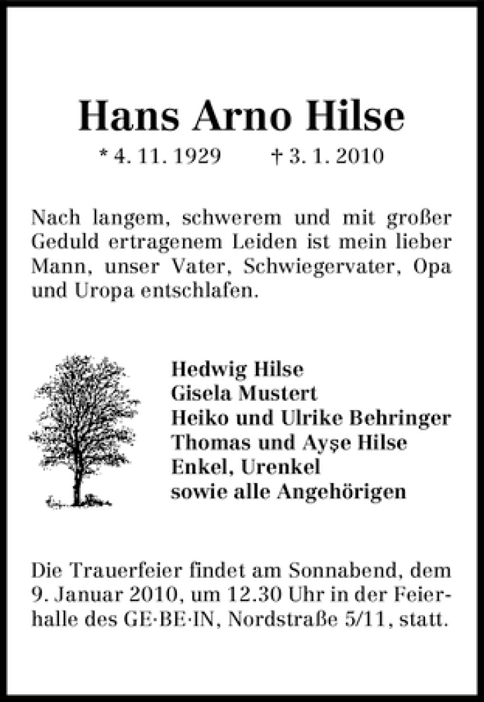 Traueranzeige von Hans Arno Hilse von WESER-KURIER