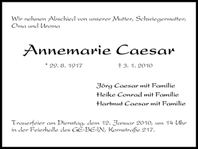 Traueranzeige von Annemarie Caesar von WESER-KURIER