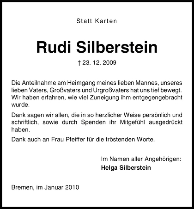 Traueranzeige von Rudi Silberstein von WESER-KURIER