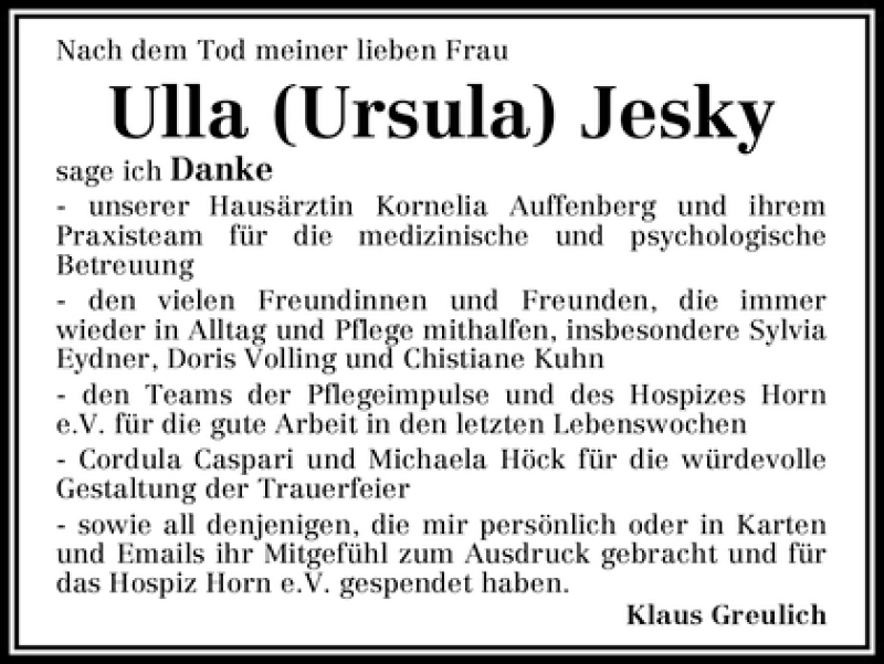 Traueranzeige von Ulla Jesky von WESER-KURIER