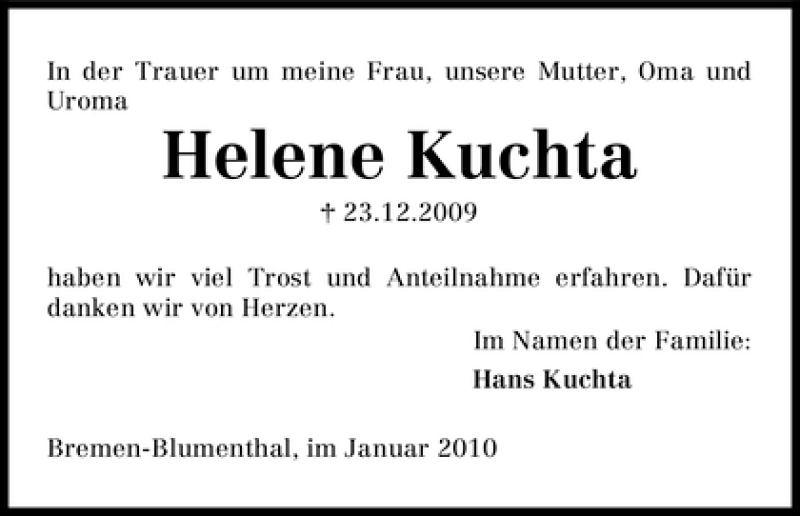 Traueranzeige von Helene Kuchta von WESER-KURIER