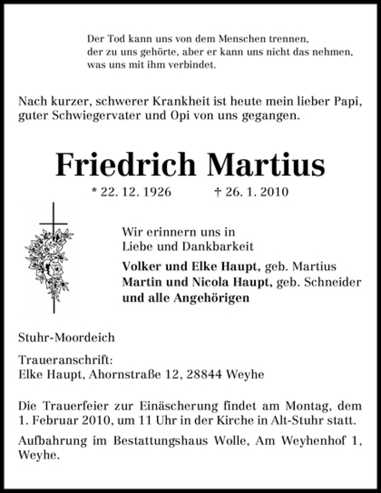Traueranzeige von Friedrich Martius von WESER-KURIER