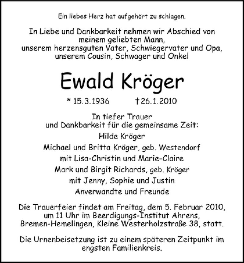 Traueranzeige von Ewald Kröger von WESER-KURIER