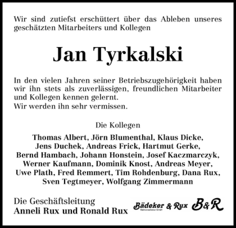  Traueranzeige für Jan Tyrkalski vom 30.01.2010 aus WESER-KURIER