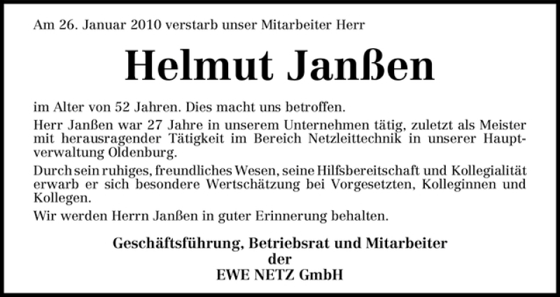 Traueranzeige von Helmut Janßen von WESER-KURIER