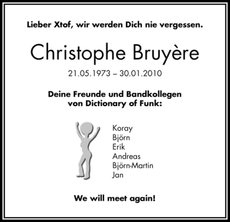  Traueranzeige für Christophe Bruyère vom 04.02.2010 aus WESER-KURIER