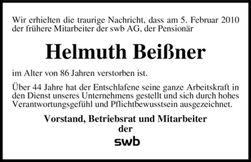 Traueranzeige von Helmut Beißner von WESER-KURIER