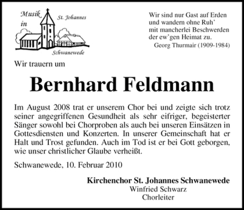 Traueranzeige von Bernhard Feldmann von WESER-KURIER