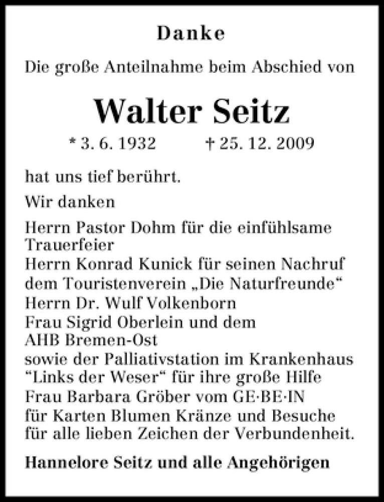 Traueranzeige von Walter Seitz von WESER-KURIER