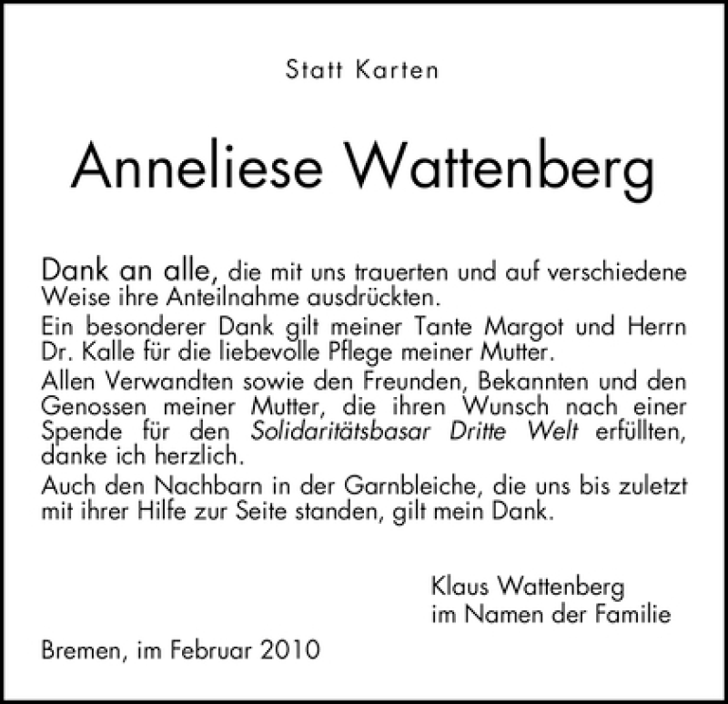 Traueranzeige von Anneliese Wattenberg von WESER-KURIER