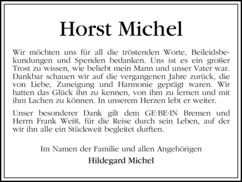  Traueranzeige für Horst Michel vom 13.02.2010 aus WESER-KURIER