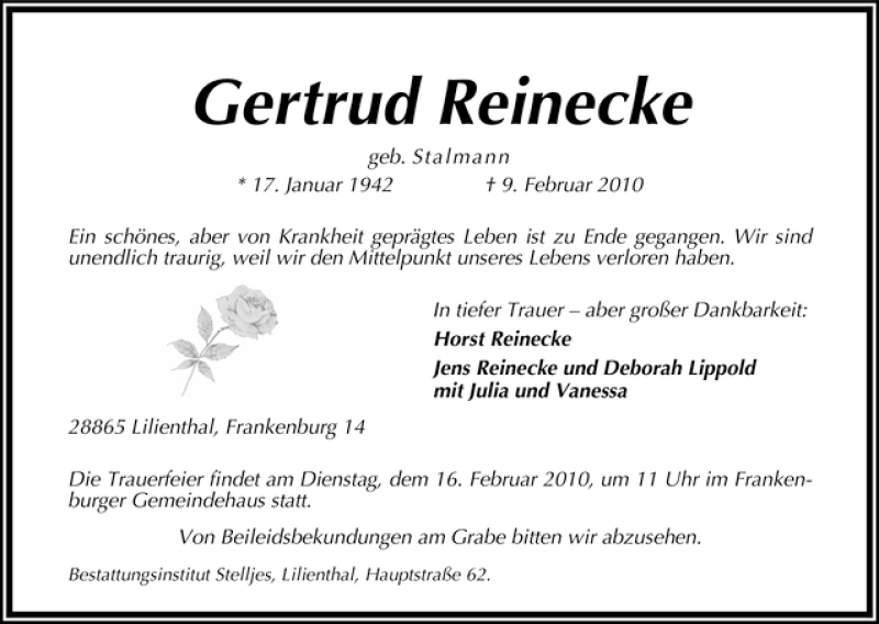  Traueranzeige für Gertrud Reinecke vom 11.02.2010 aus WESER-KURIER