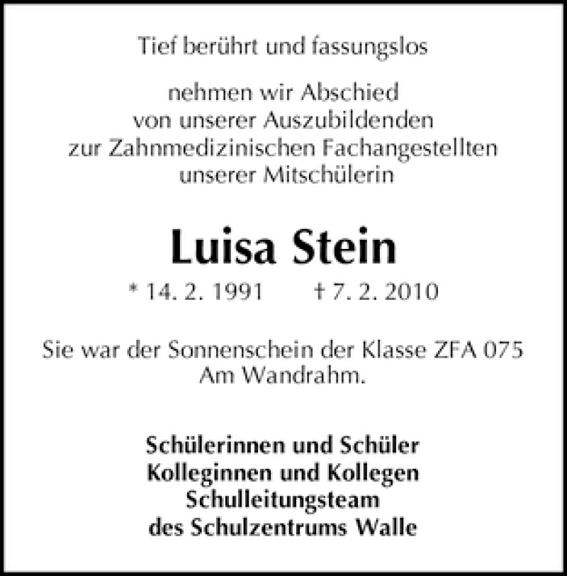  Traueranzeige für Luisa Stein vom 17.02.2010 aus WESER-KURIER