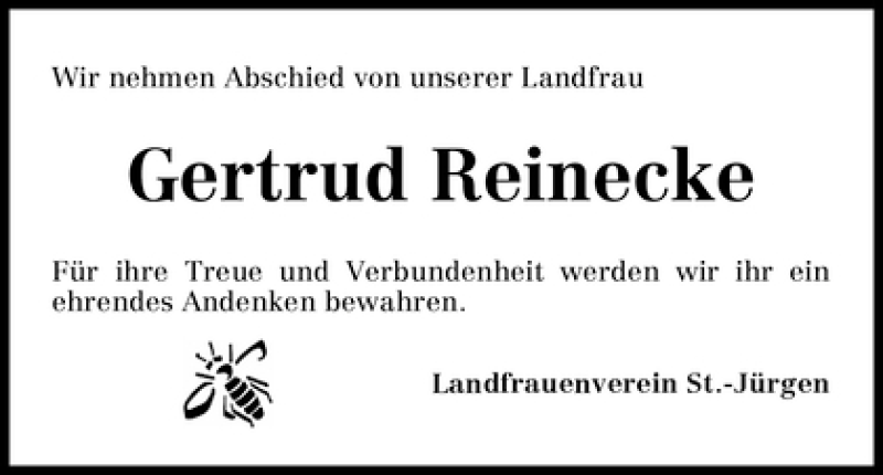  Traueranzeige für Gertrud Reinecke vom 12.02.2010 aus WESER-KURIER