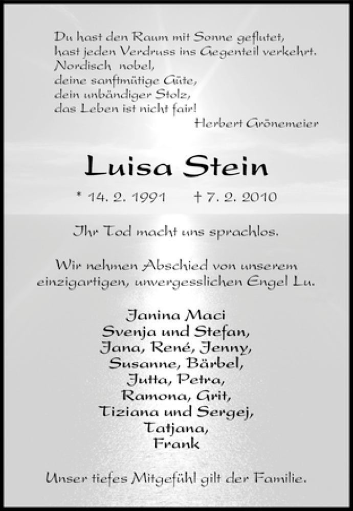  Traueranzeige für Luisa Stein vom 17.02.2010 aus WESER-KURIER