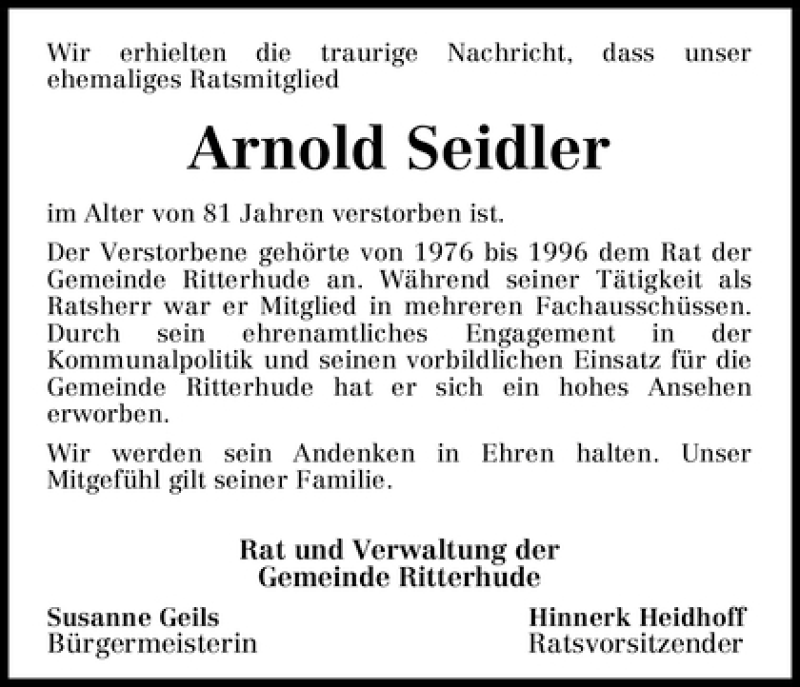 Traueranzeige von Arnold Seidler von WESER-KURIER