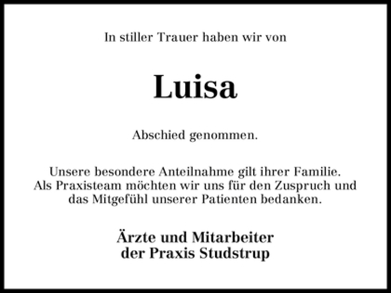  Traueranzeige für Luisa Stein vom 20.02.2010 aus WESER-KURIER