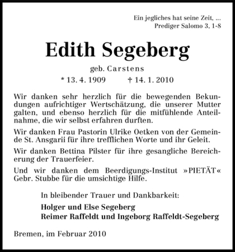  Traueranzeige für Edith Segeberg vom 20.02.2010 aus WESER-KURIER