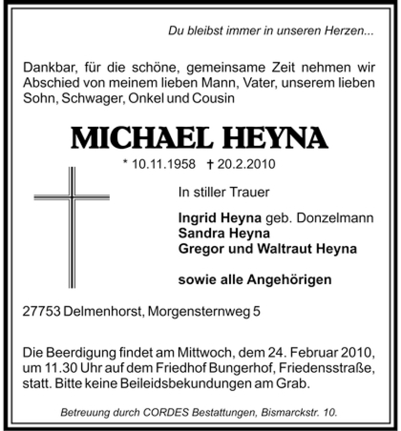  Traueranzeige für Michael Heyna vom 22.02.2010 aus WESER-KURIER