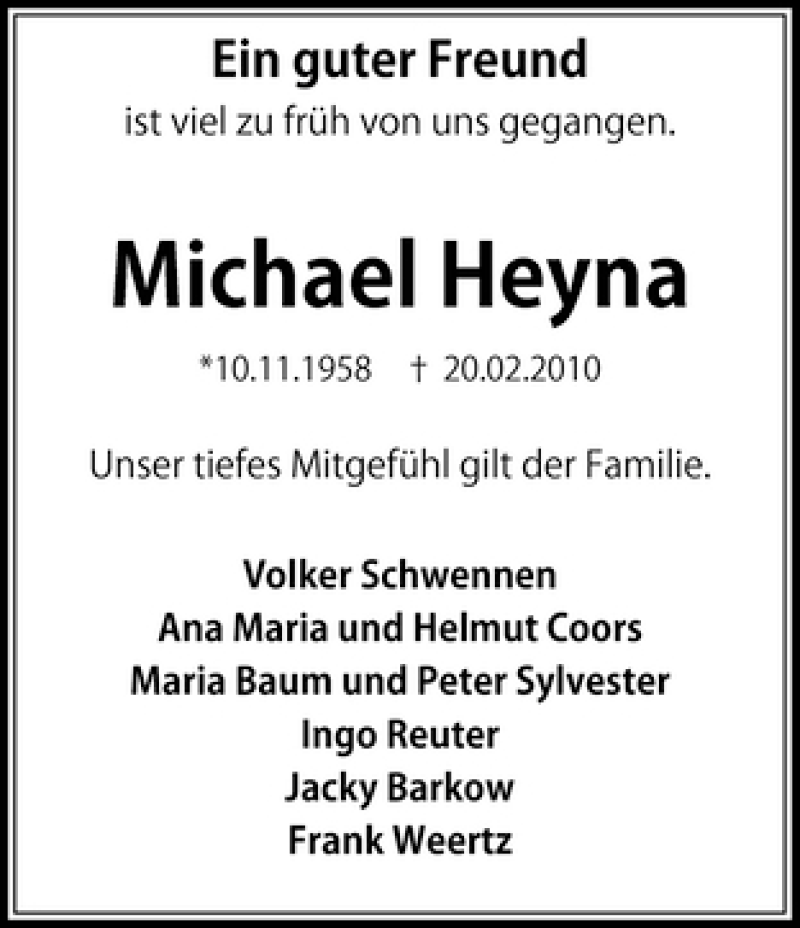  Traueranzeige für Michael Heyna vom 23.02.2010 aus WESER-KURIER