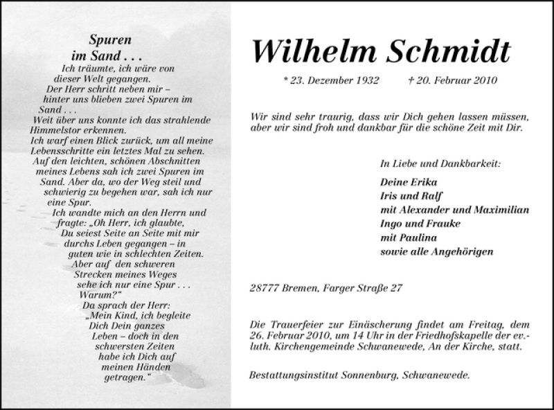  Traueranzeige für Wilhelm Schmidt vom 23.02.2010 aus WESER-KURIER