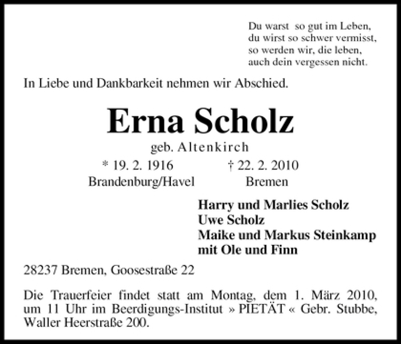 Traueranzeige von Erna Scholz von WESER-KURIER